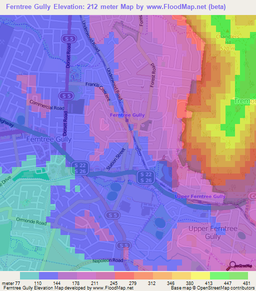 Ferntree Gully,Australia Elevation Map