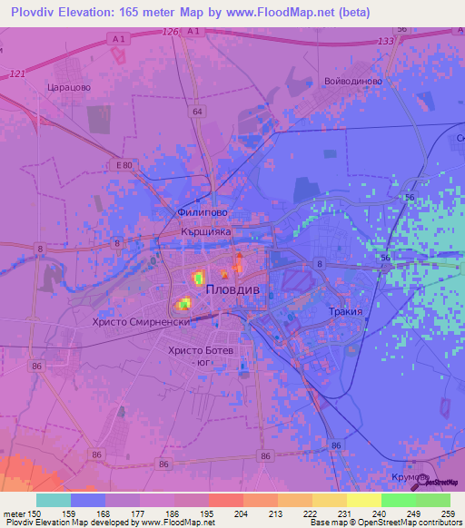 Plovdiv,Bulgaria Elevation Map