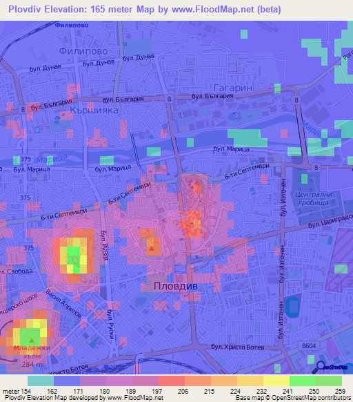 Plovdiv,Bulgaria Elevation Map