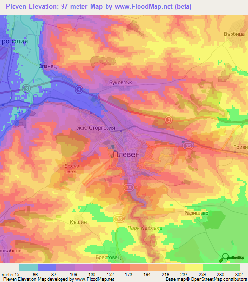 Pleven,Bulgaria Elevation Map