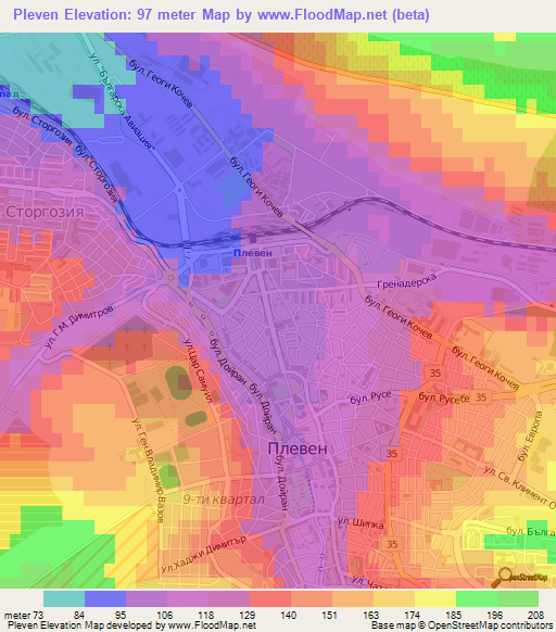 Pleven,Bulgaria Elevation Map