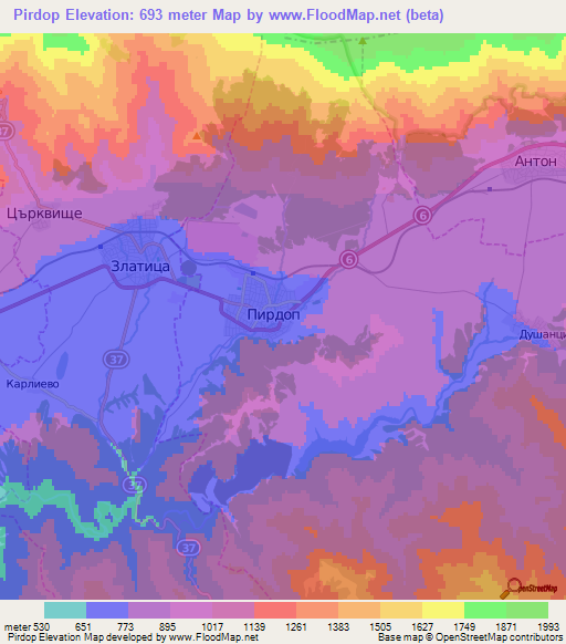 Pirdop,Bulgaria Elevation Map