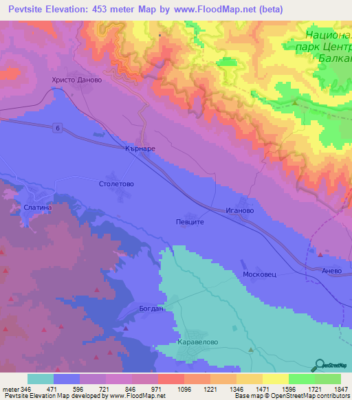 Pevtsite,Bulgaria Elevation Map