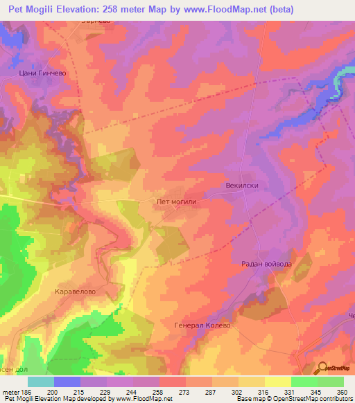 Pet Mogili,Bulgaria Elevation Map
