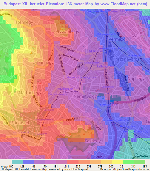 Budapest XII. keruelet,Hungary Elevation Map