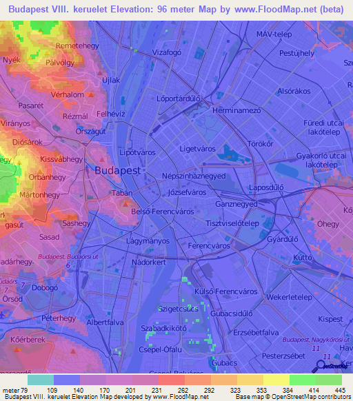 Budapest VIII. keruelet,Hungary Elevation Map