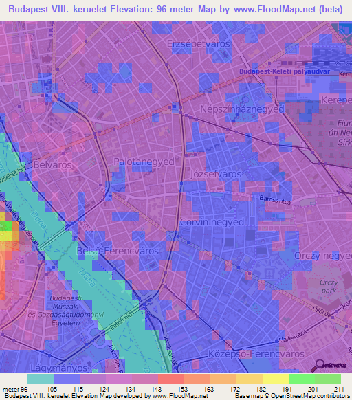Budapest VIII. keruelet,Hungary Elevation Map