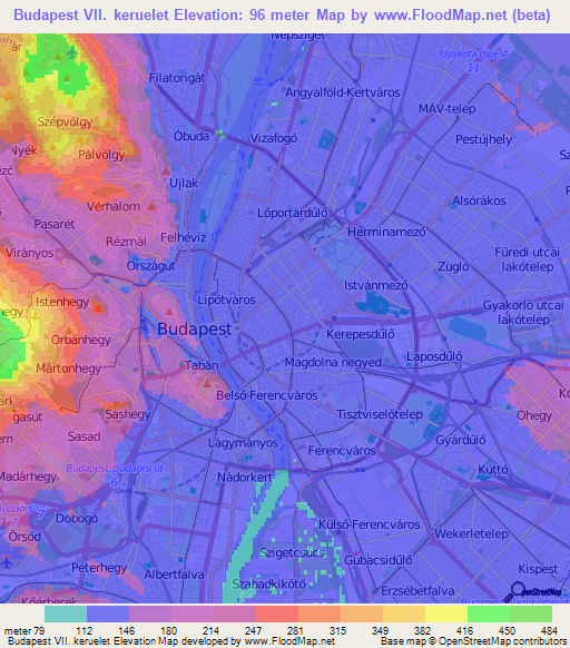 Budapest VII. keruelet,Hungary Elevation Map