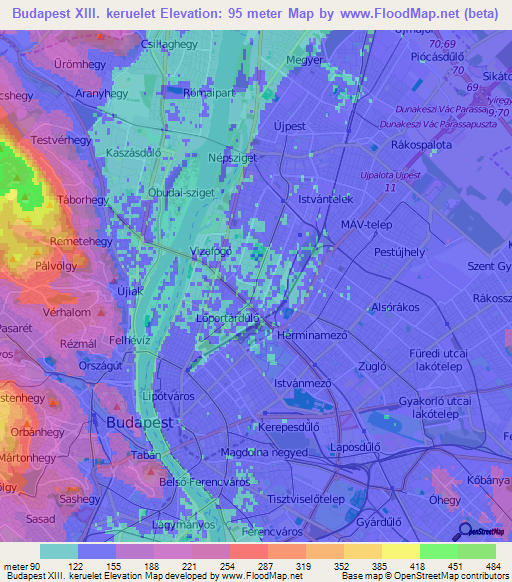 Budapest XIII. keruelet,Hungary Elevation Map