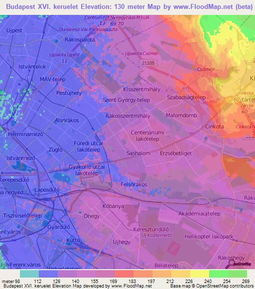 Budapest XVI. keruelet,Hungary Elevation Map
