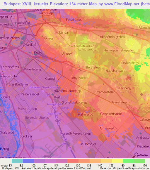 Budapest XVIII. keruelet,Hungary Elevation Map