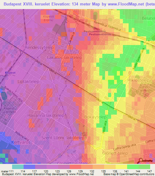 Budapest XVIII. keruelet,Hungary Elevation Map