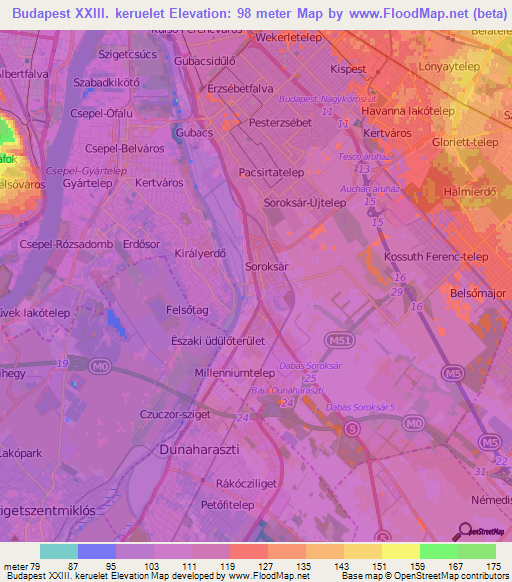 Budapest XXIII. keruelet,Hungary Elevation Map