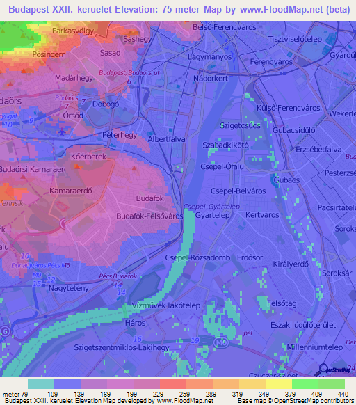 Budapest XXII. keruelet,Hungary Elevation Map