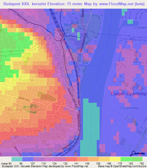 Budapest XXII. keruelet,Hungary Elevation Map