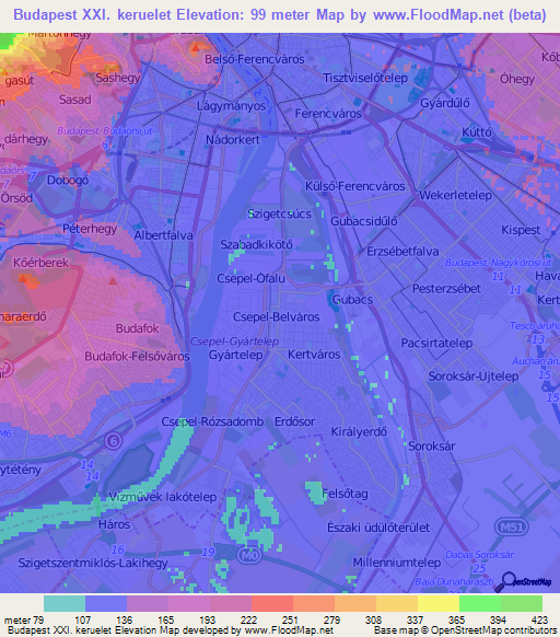 Budapest XXI. keruelet,Hungary Elevation Map