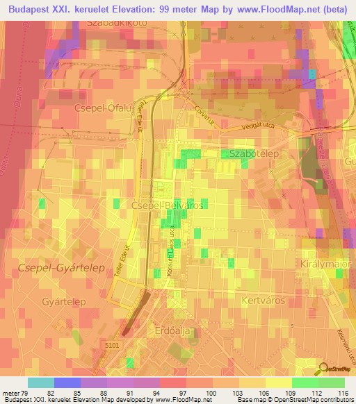 Budapest XXI. keruelet,Hungary Elevation Map