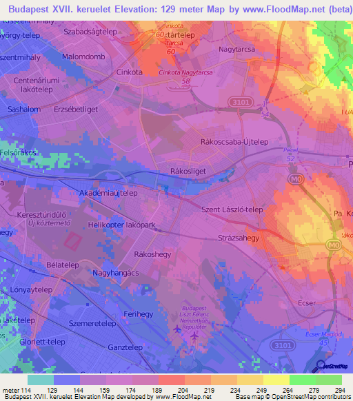 Budapest XVII. keruelet,Hungary Elevation Map