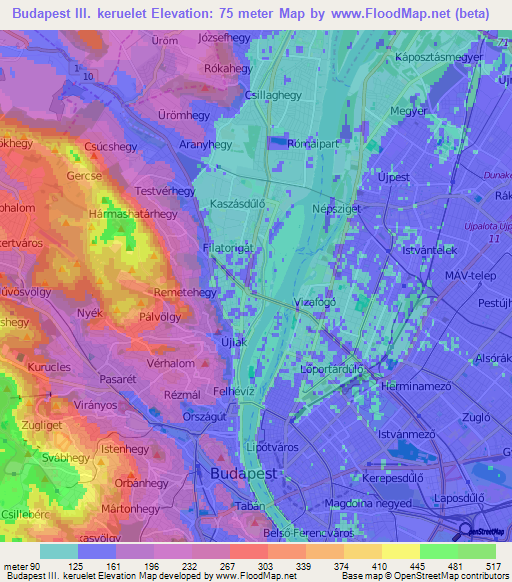 Budapest III. keruelet,Hungary Elevation Map