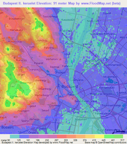 Budapest II. keruelet,Hungary Elevation Map