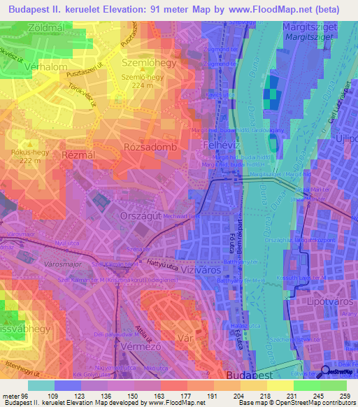 Budapest II. keruelet,Hungary Elevation Map