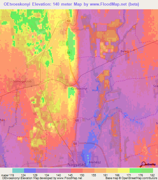 OEtvoeskonyi,Hungary Elevation Map