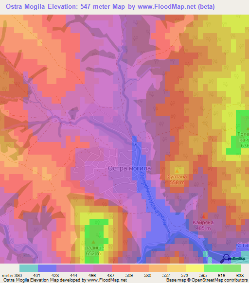 Ostra Mogila,Bulgaria Elevation Map