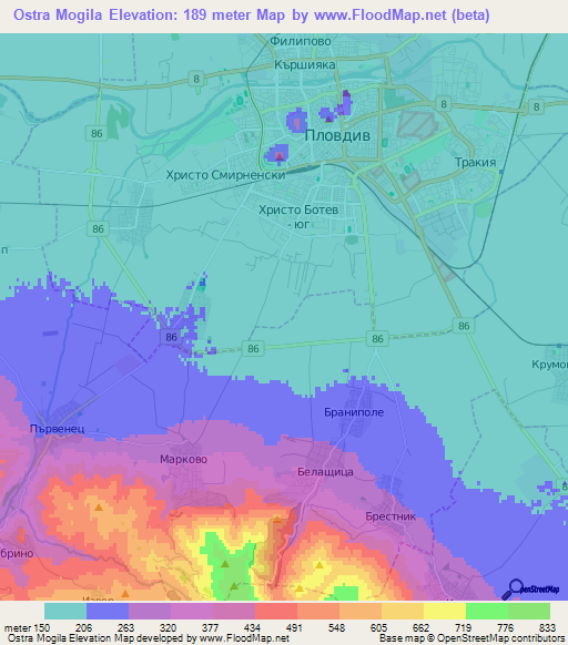 Ostra Mogila,Bulgaria Elevation Map
