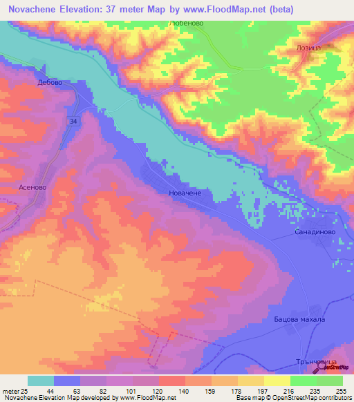 Novachene,Bulgaria Elevation Map