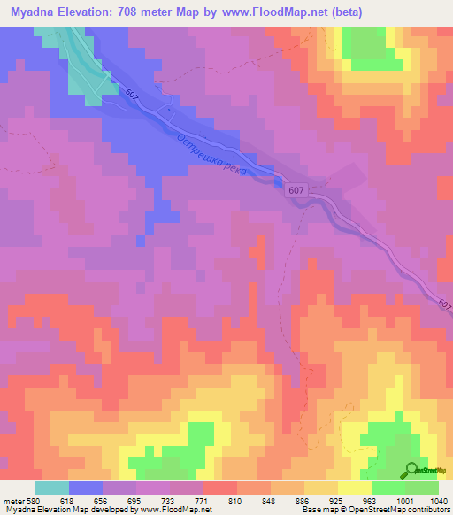 Myadna,Bulgaria Elevation Map