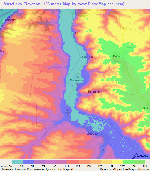 Muselievo,Bulgaria Elevation Map