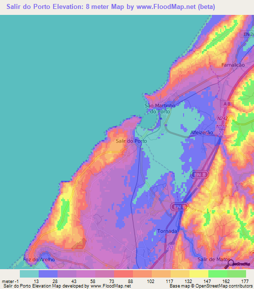 Salir do Porto,Portugal Elevation Map
