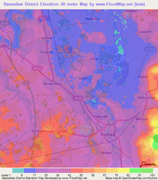 Bassetlaw District,UK Elevation Map