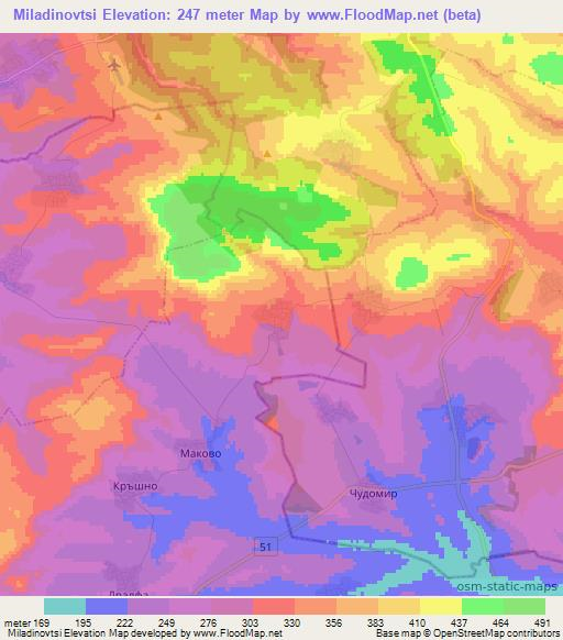 Miladinovtsi,Bulgaria Elevation Map