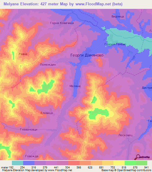 Melyane,Bulgaria Elevation Map