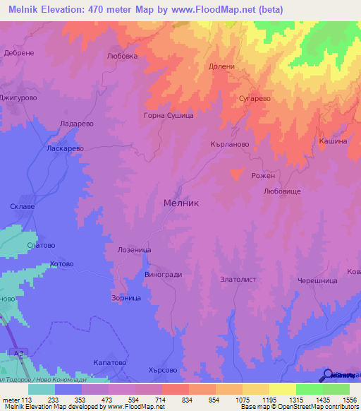Melnik,Bulgaria Elevation Map