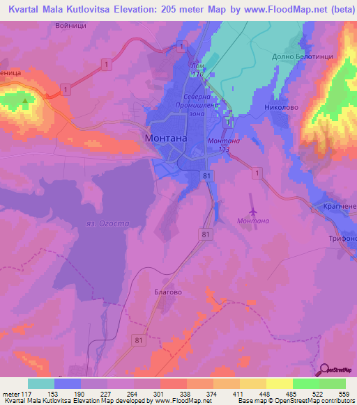 Kvartal Mala Kutlovitsa,Bulgaria Elevation Map