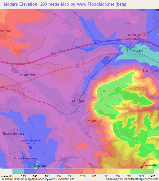 Madara,Bulgaria Elevation Map