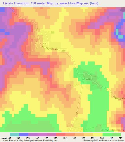 Listets,Bulgaria Elevation Map