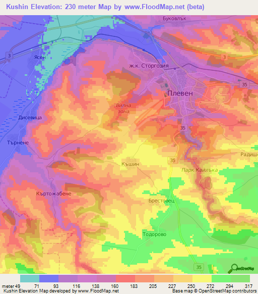 Kushin,Bulgaria Elevation Map