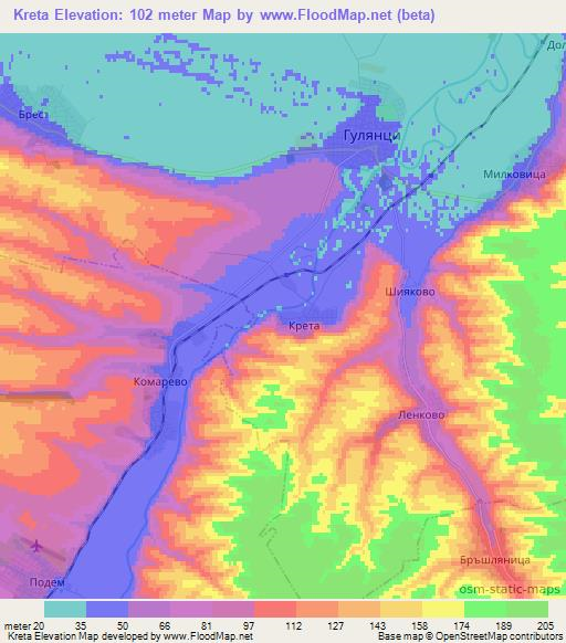 Kreta,Bulgaria Elevation Map