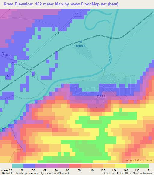 Kreta,Bulgaria Elevation Map
