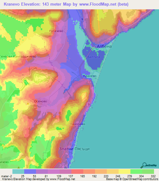 Kranevo,Bulgaria Elevation Map