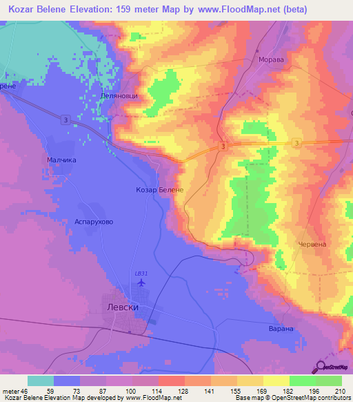 Kozar Belene,Bulgaria Elevation Map