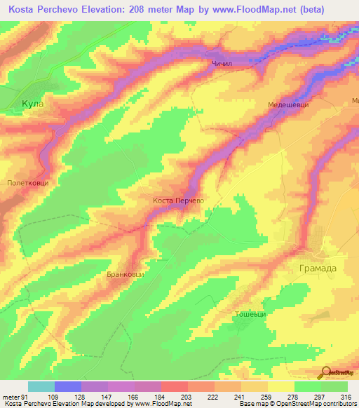 Kosta Perchevo,Bulgaria Elevation Map