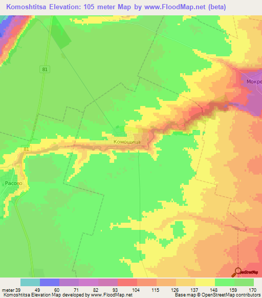 Komoshtitsa,Bulgaria Elevation Map