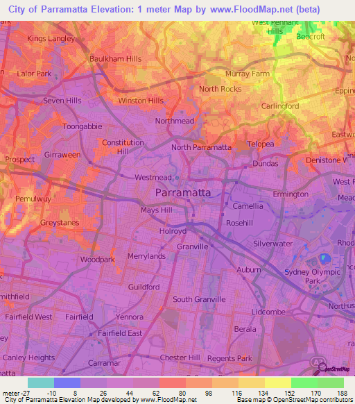 City of Parramatta,Australia Elevation Map