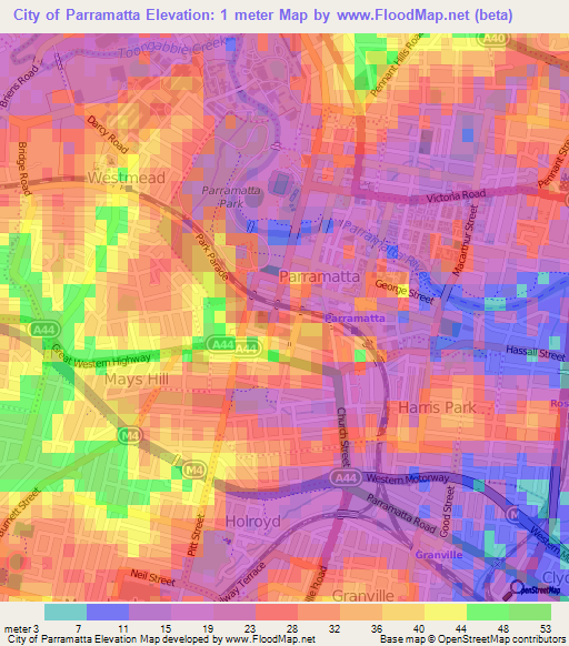 City of Parramatta,Australia Elevation Map