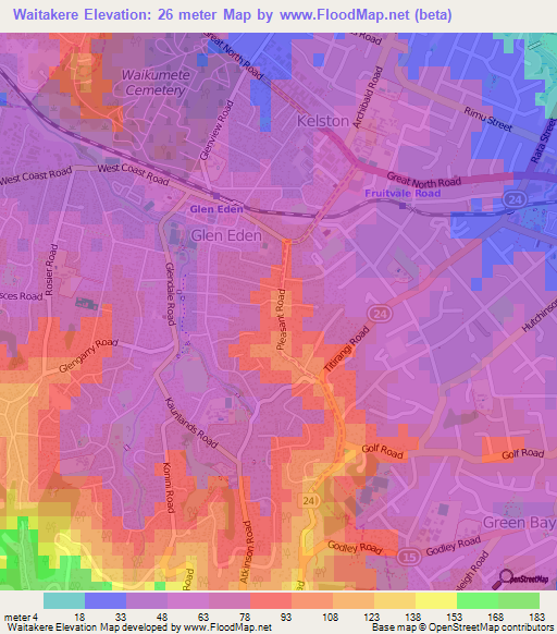 Waitakere,New Zealand Elevation Map