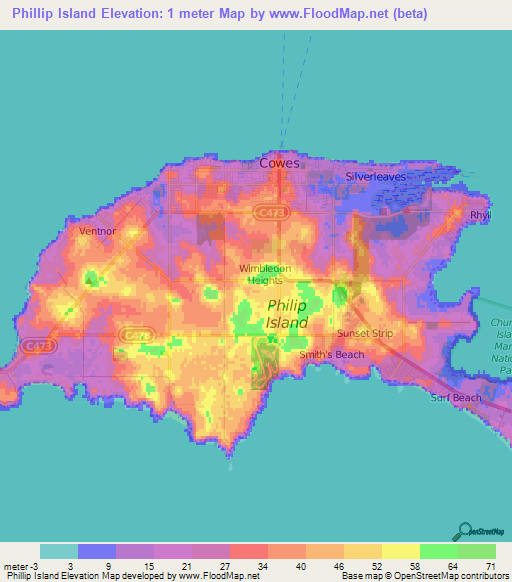 Phillip Island,Australia Elevation Map